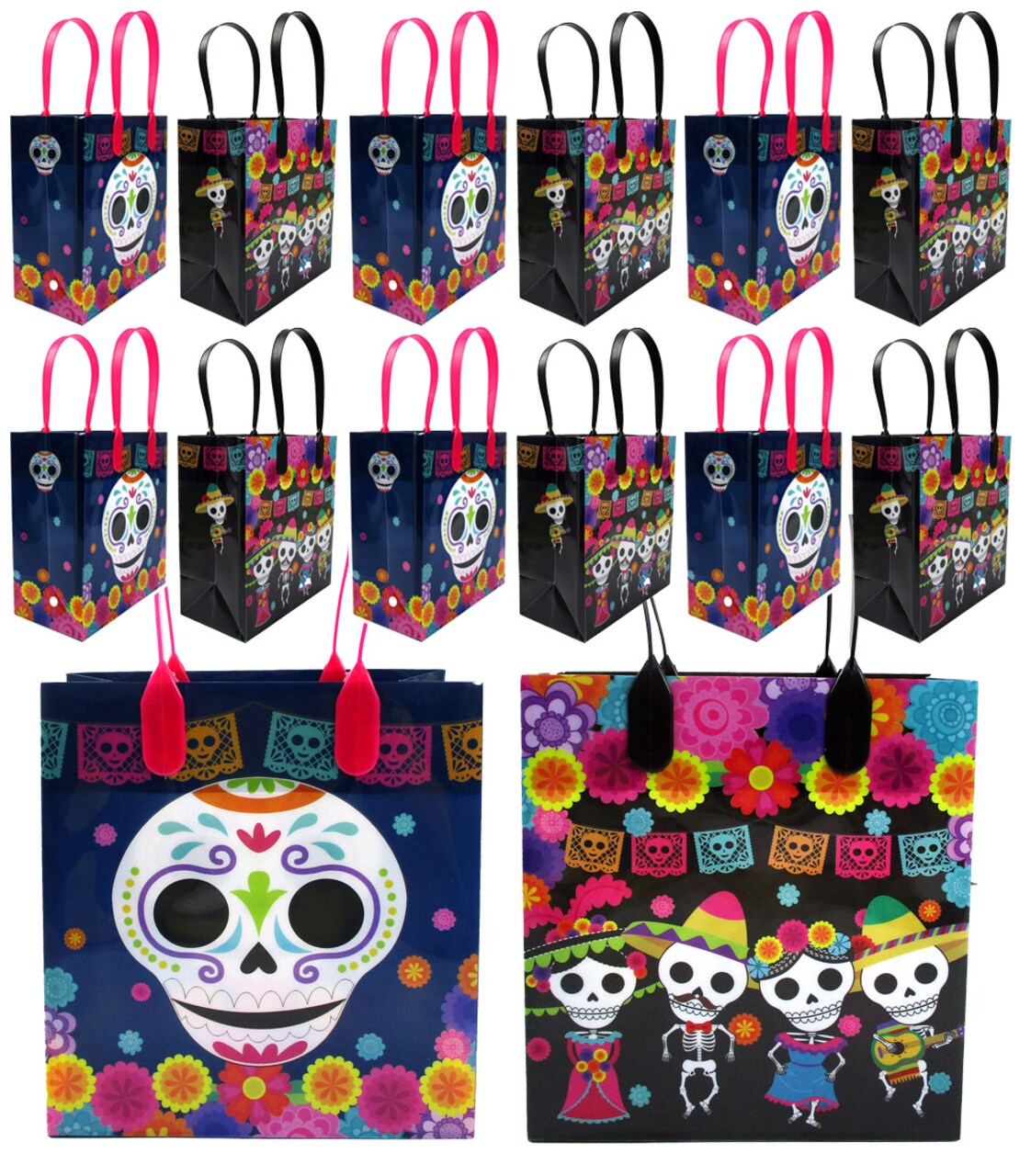 TINYMILLS Day of the Dead Gift Bags with Handles, 12-Pack, Dia de los Muertos Party Favor Bags